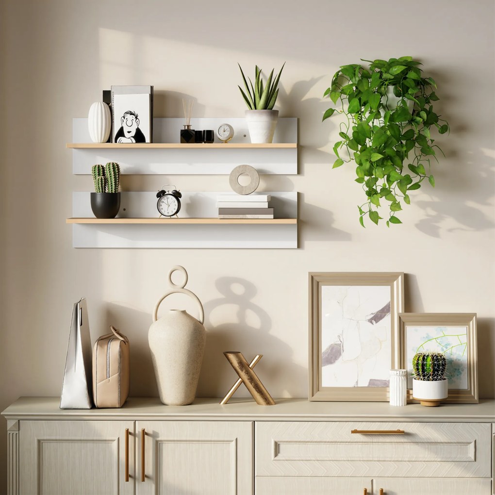 HOMCOM Półka ścienna zestaw 2 szt., półki wiszące, półka do ekspozycji, do kuchni, salonu, Biały+Naturalne drewno