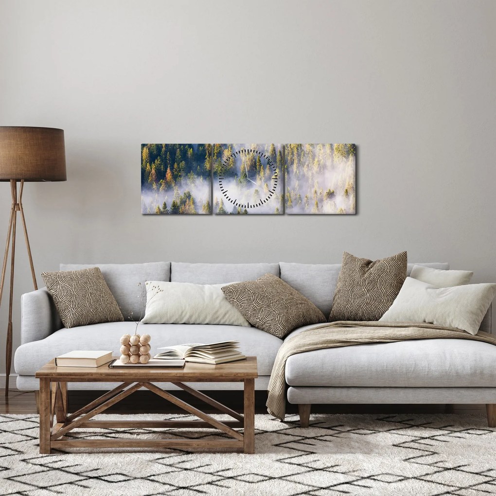 Obraz drzew we mgle (z zegarem) (90x30 cm)