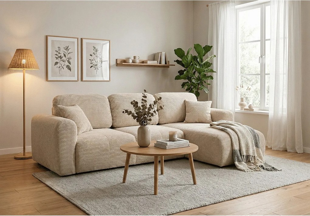 Stylowy narożnik rozkładany prawostronny BINGO L 245x148x87 cm w tkaninie Pop 6 kremowej