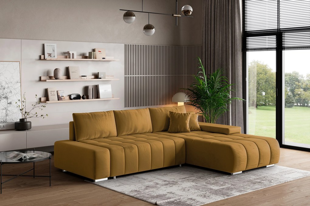Masseno Narożnik ALESE z funkcją spania i pojemnikiem na pościel Narozniki L, Rozkładana sofa - Żółty, MONOLITH 48