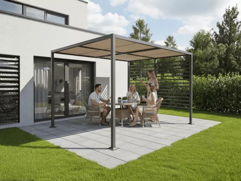 Natis – elegancka pergola tarasowa z rozsuwanym zadaszeniem i aluminiową konstrukcją
