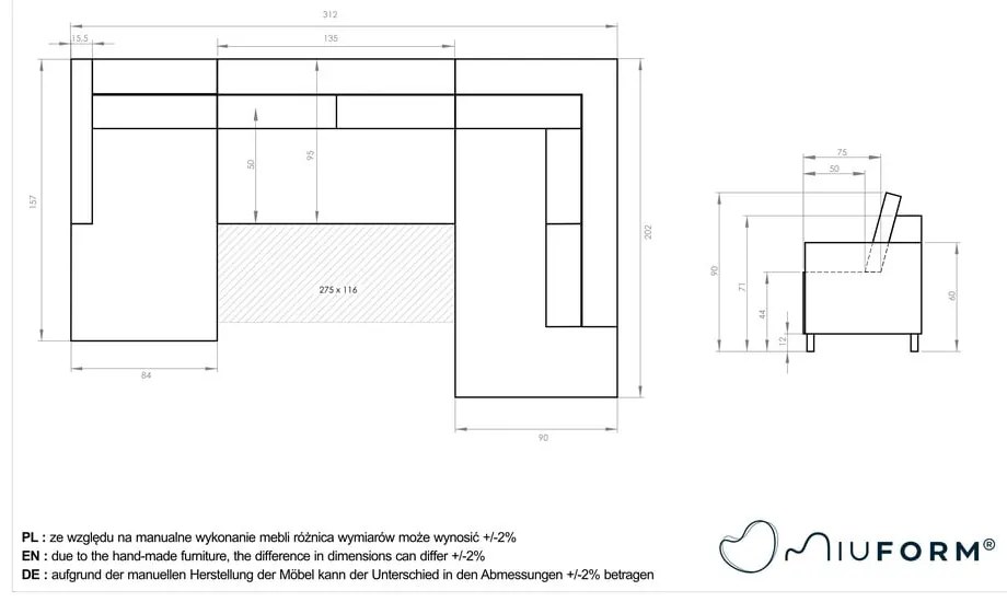 Ceglasta rozkładana sofa w kształcie litery "U" Miuform Scandic Lagom, lewostronna