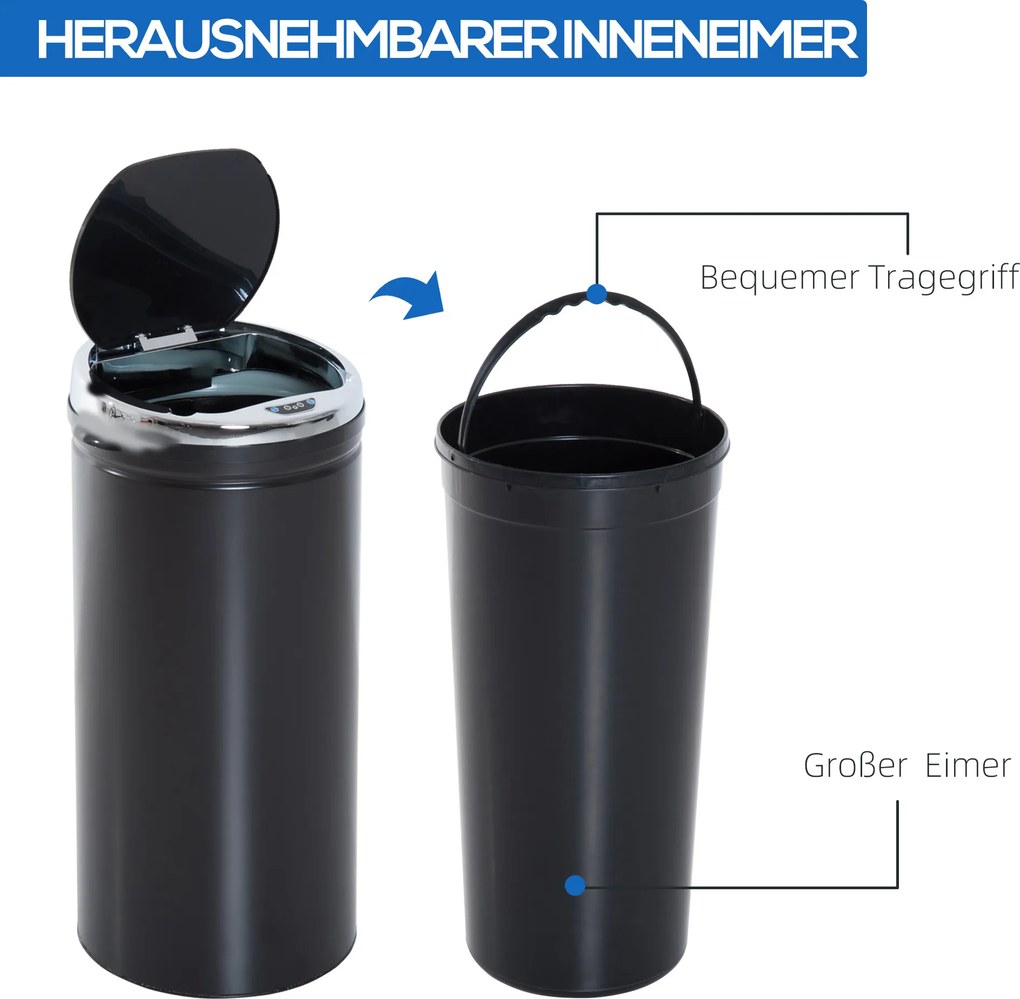 HOMCOM 42L Kosz na śmieci z czujnikiem, Automatyczny Kosz na Odpadki, Nierdzewny Kosz do Kuchni z Sensorem Podczerwieni, dla Kuchni, Jadalni