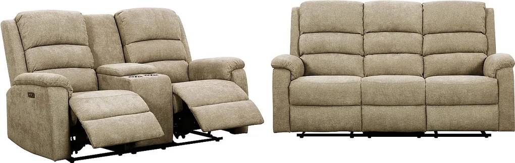 Kanapa 3+2-osobowa z elektryczną funkcją relax z tkaniny taupe z półką NEVERS