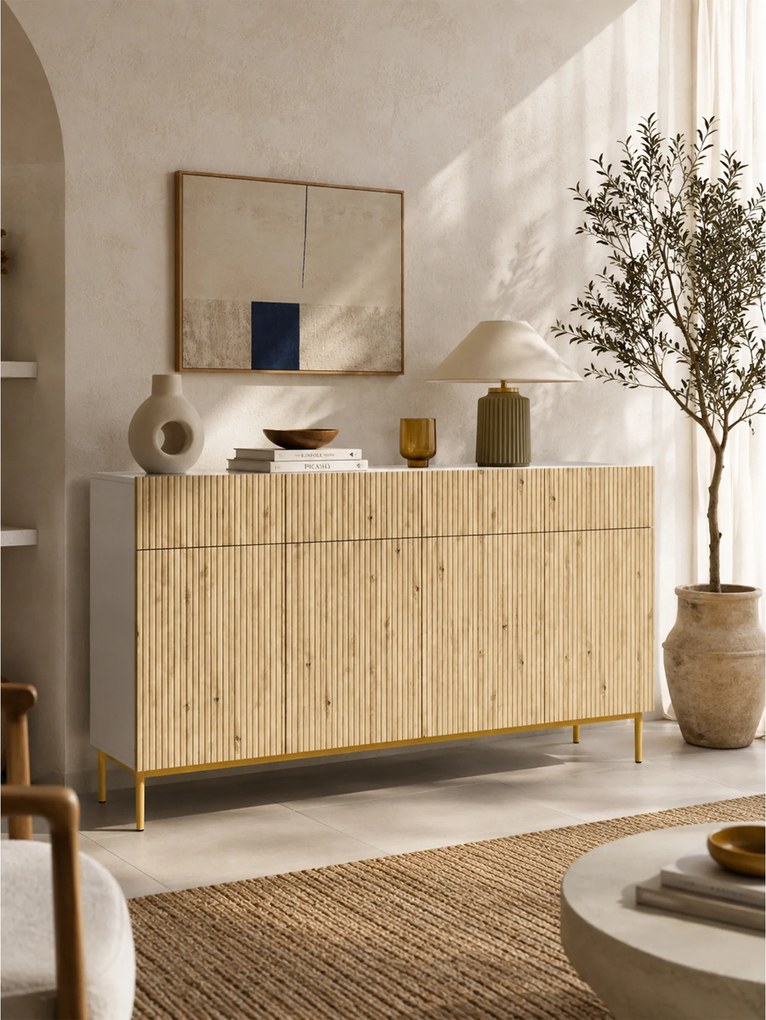 Komoda czterodrzwiowa Nicole 200 cm z szufladami - biały / dąb artisan / złote nóżki