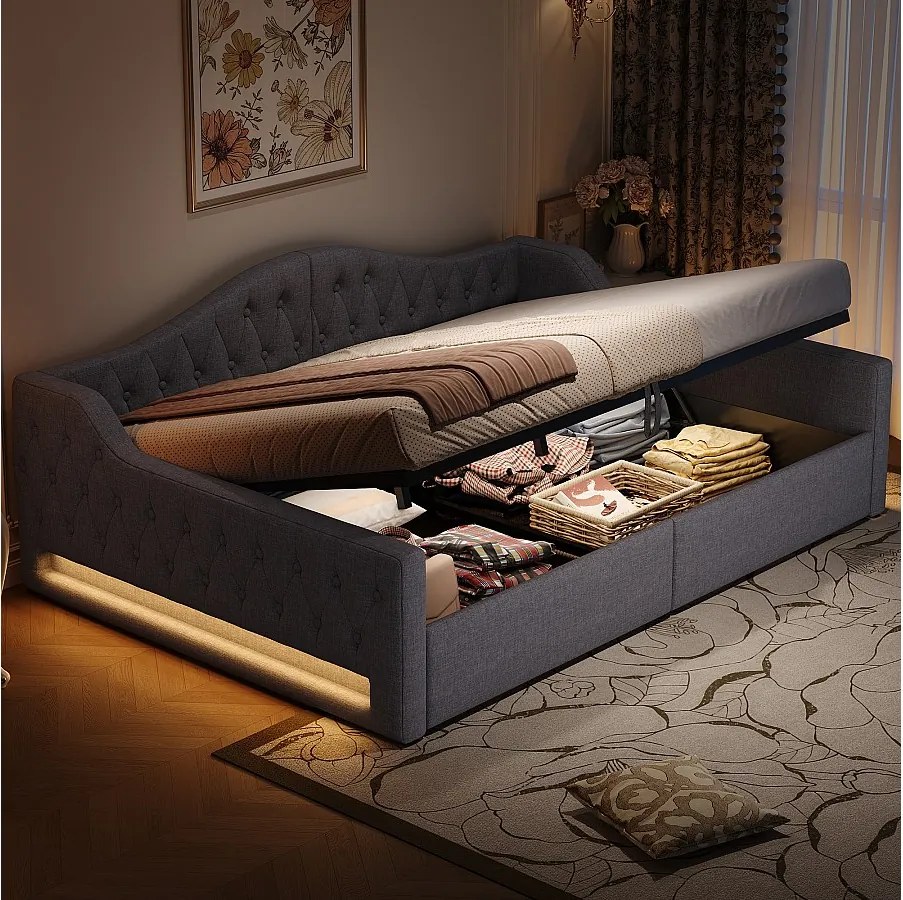 Sofa rozkładana 140x200 cm, szary len, łóżko z pojemnikiem, listwą oświetleniową LED i stelażem - bez materaca