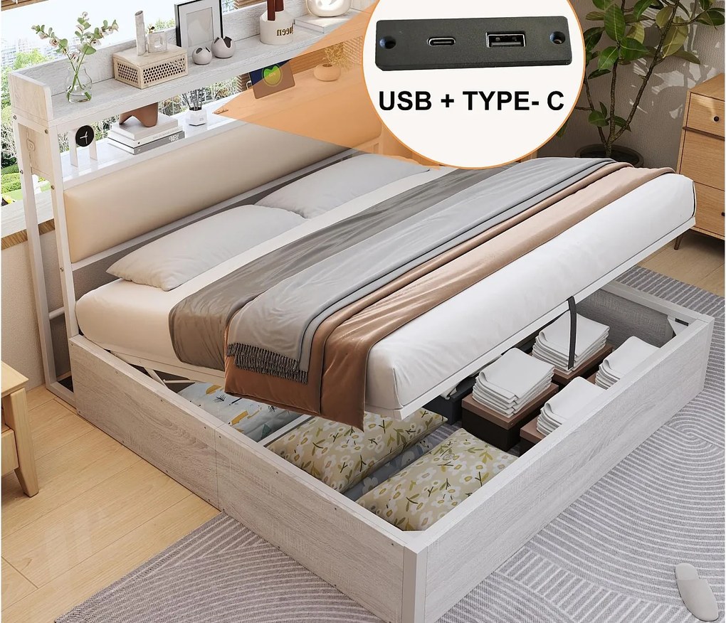 Łóżko z pojemnikiem 180x200 cm - z portem USB i półkami - Białe (materac nie jest wliczony w cenę)