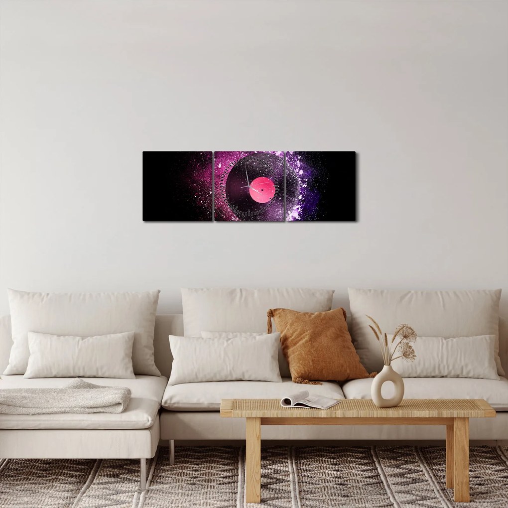 Obraz - Płyta winylowa w kolorze różowo-fioletowym (z zegarem) (90x30 cm)
