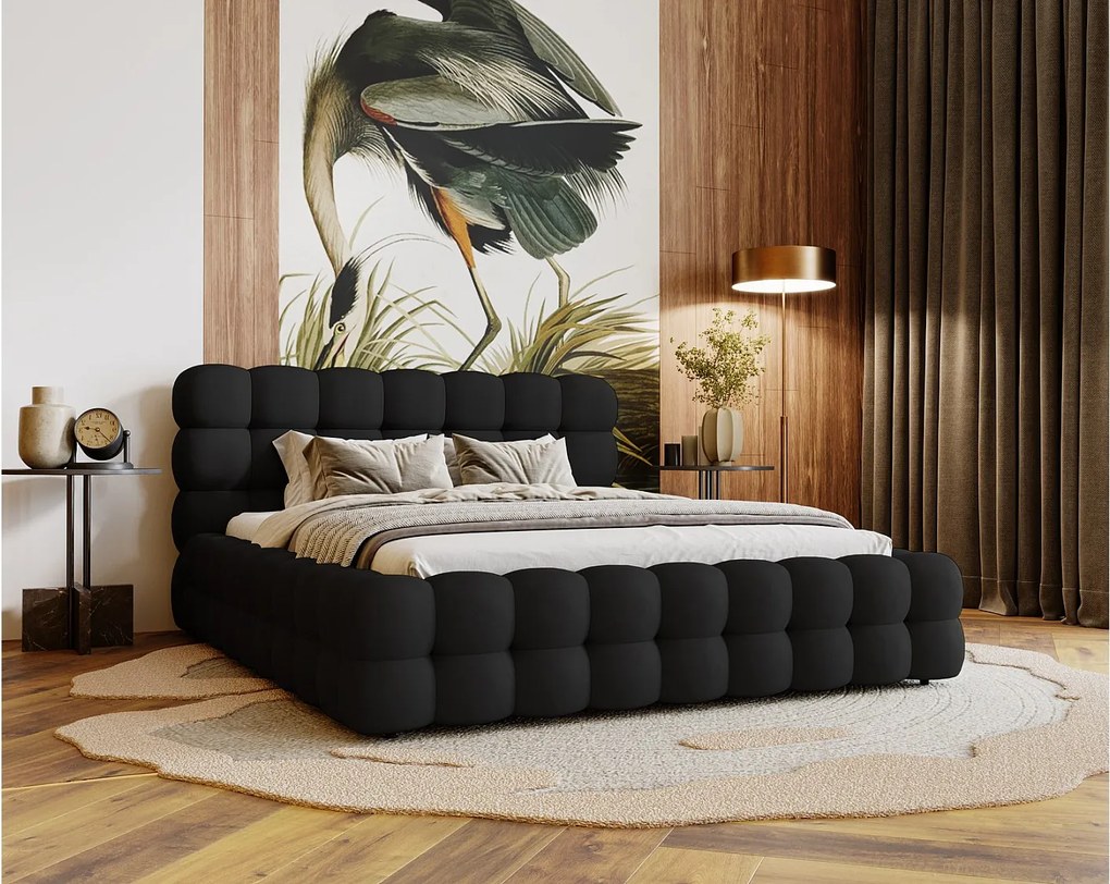 Emporius Parlas Bis łóżko 160x200 z pojemnikiem, łóżko tapicerowane do sypialni - gruba pianka, stelaż, tkanina aksamitna, czarny (Amor Velvet 4322)