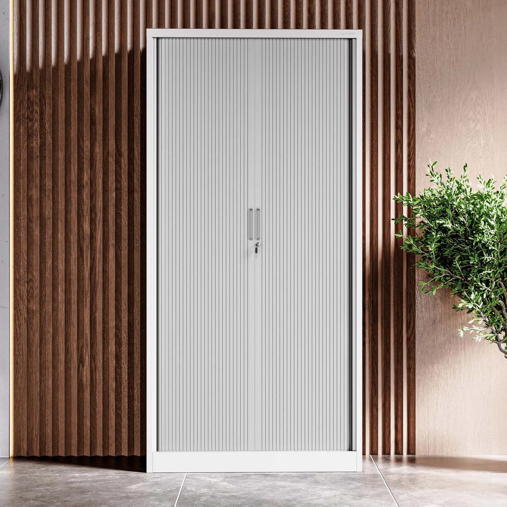 Metalowa szafa biurowa na akta z roletą DAMIAN, 900 x 1850 x 450 mm, biało-szara