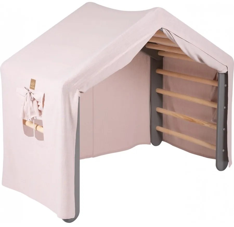 Duży domek z drabinką dla dzieci 112x61x94 cm składaną do pokoju. drewno, len, wiskoza, różowy domek, szara drabinka. - meowbaby®