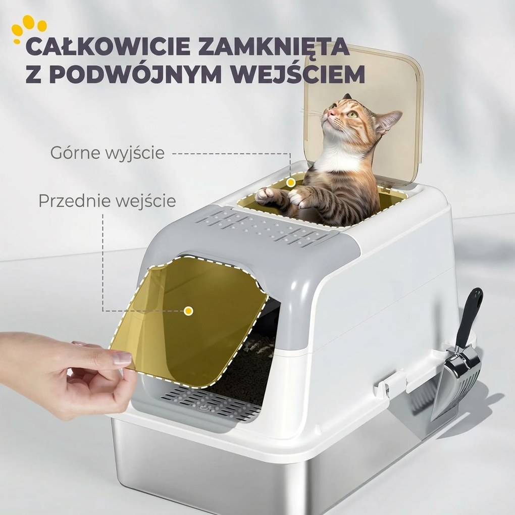 PawHut Toaleta dla kotów, kocie WC z pokrywą, łopatka do żwiru, wejście z przodu i wyjście na górze, stal nierdzewna do 15 kg