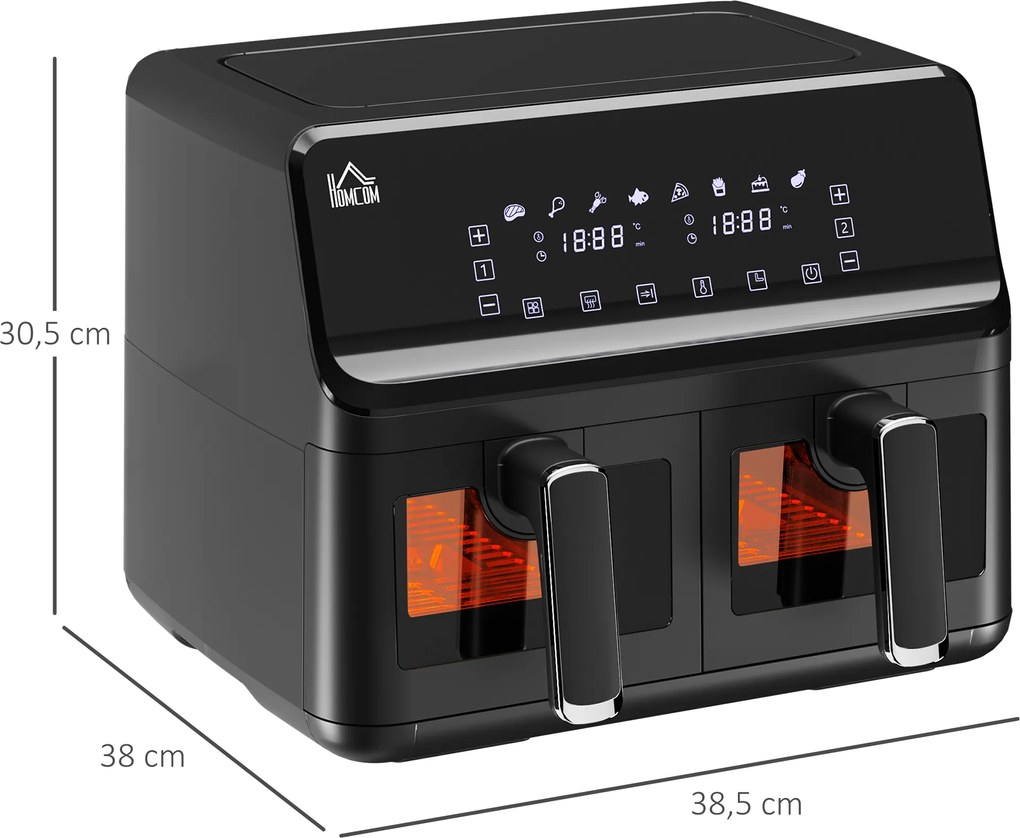 HOMCOM Frytkownica na gorące powietrze, 2 koszyki po 4 litry, 8 programów, światło, timer, 38,5 x 38 x 30,5 cm, Czarna