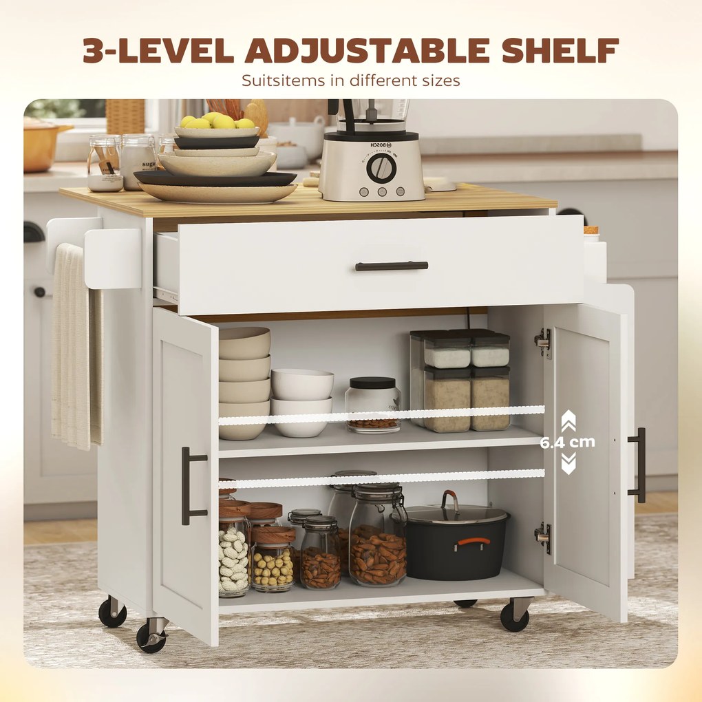 HOMCOM Wyspa kuchenna, wózek na kółkach z rozkładanym blatem, szuflada, półka, 120 x 68 x 85 cm, Biały