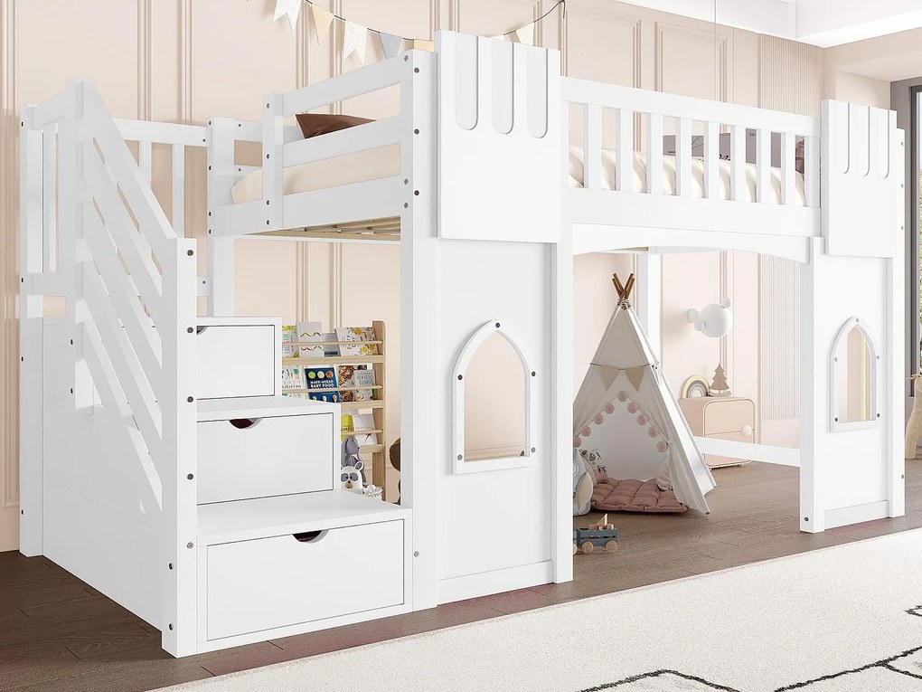 Łóżko na antresoli 90x200 cm - Ze schodkami z miejscem do przechowywania - Z dekoracyjnymi oknami - Z barierką zabezpieczającą - MDF - Biały