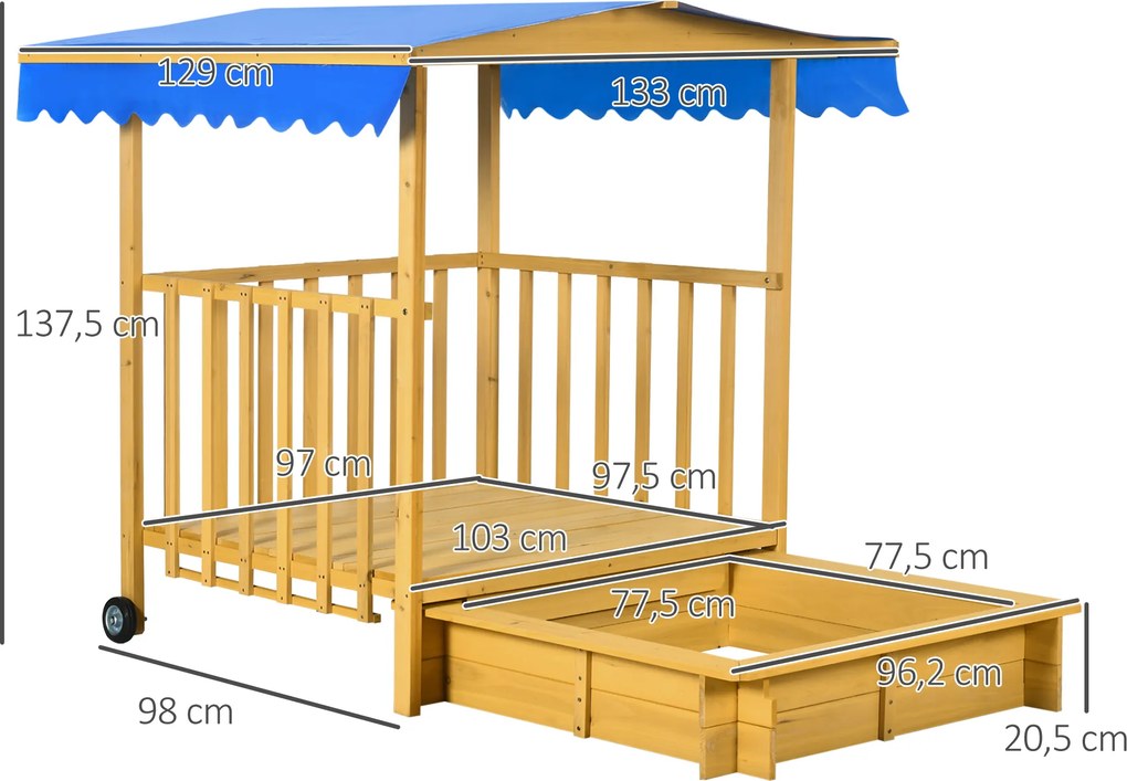 Outsunny Piaskownica z Domek do Zabawy Piaskownica z Dachem, 133 x 129 x 137,5 cm, Naturalne + Niebieskie