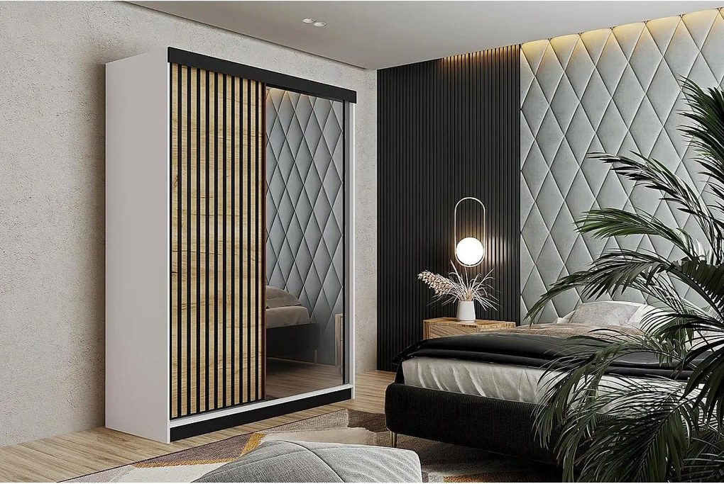 Szafa przesuwna z lustrem lamele MALANI 138 biały + dąb craft złoty