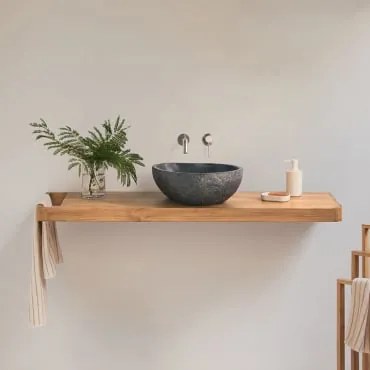 Zestaw Mebli Łazienkowych 130x45 Cm Wiszący Z Drewna Tekowego Neill Drewno Tekowe & Nieregularna Z Czarnego Cementu - Sklum