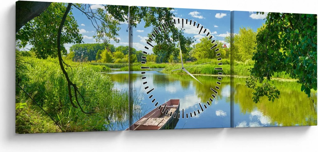 Obraz letniej rzeki z łodzią (z zegarem) (90x30 cm)