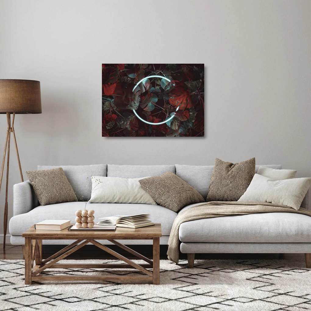 Obraz na szkle - Neonowe koło między palmami (70x50 cm)