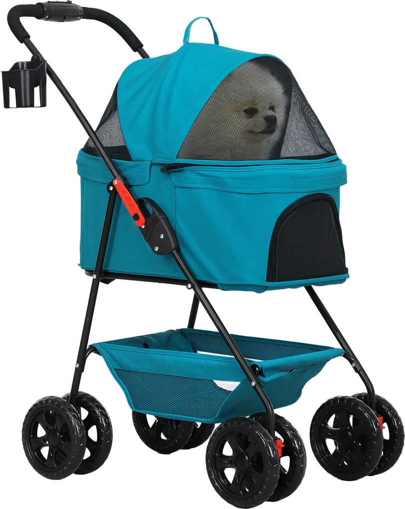 PawHut 3 w 1 Składany Wózek dla Zwierząt Domowych, Wózek dla Psów i Kotów z 4 Kołami i Odnoszoną Torbą, Turkusowy