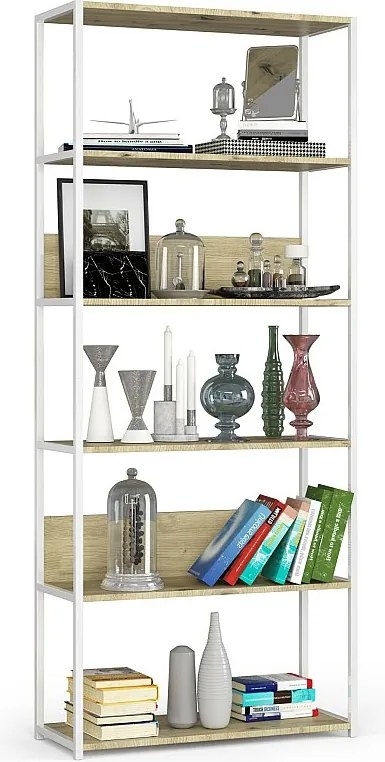 Regał loft AKORD metalowy Biały 80 cm kolor Dąb Artisan mat 6 półek 80x32x192 cm