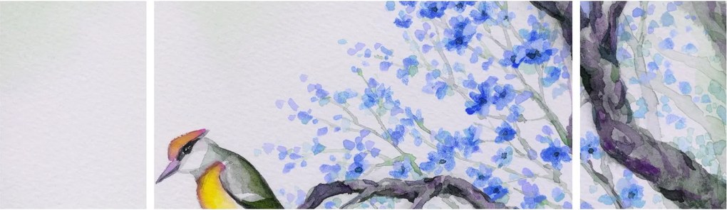 Obraz - ptak na drzewie z niebieskimi kwiatami (170x50 cm)