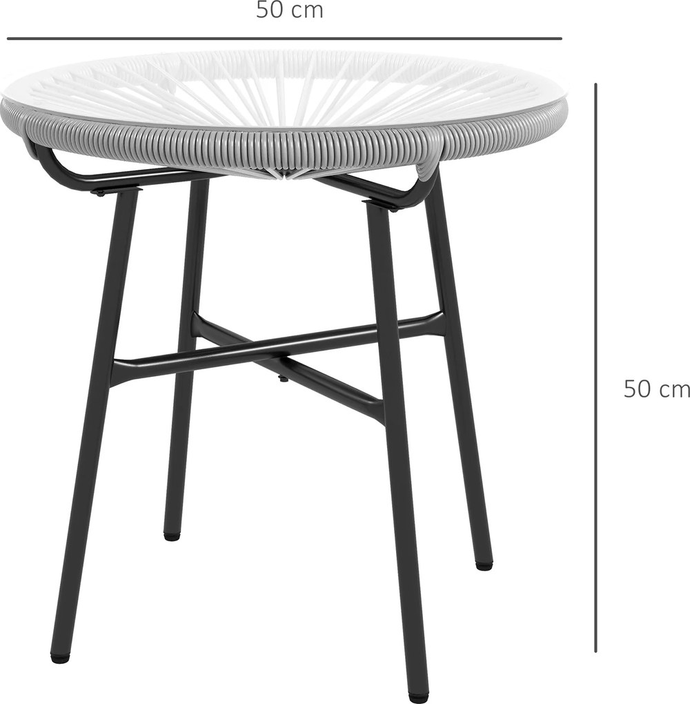 Outsunny Stolik Boczny Rattanowy Bistro Kawowy Blat ze Szkła Okrągły Czarno-Szary Taras Balkon | Aosom PL