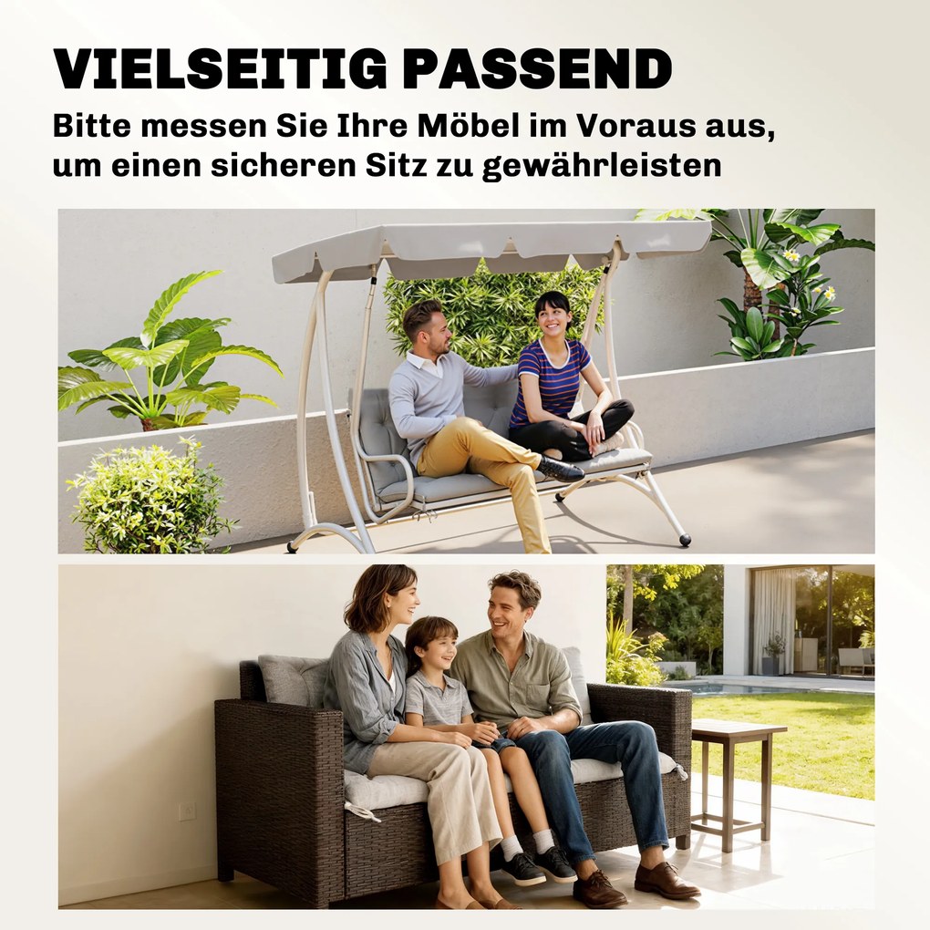 Outsunny Poduszka na Ławkę 3-Osobową 150x98x8 cm z Taśmami, Poduszka na Meble Ogrodowe i Huśtawkę Hollywoodzką, Jasnoszary