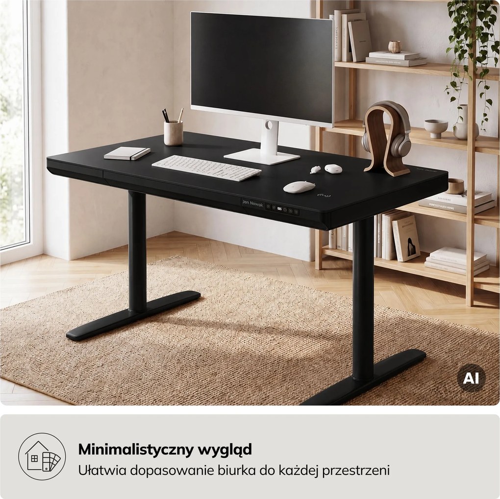 Biurko elektryczne sit-stand z szufladą i ładowarką bezprzewodową Qi czarne, 1200 mm: ELLIS