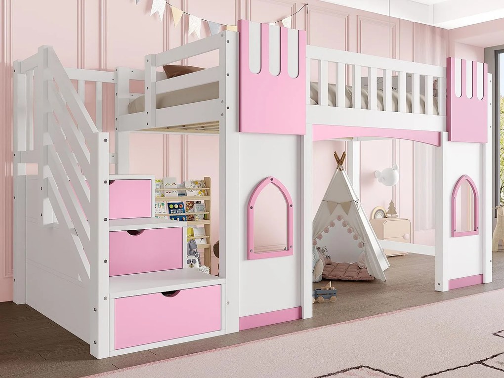 Łóżko na antresoli 90x200 cm - Ze schodkami z miejscem do przechowywania - Z dekoracyjnymi oknami - Z barierką zabezpieczającą - MDF - ​​Biały + Różowy​