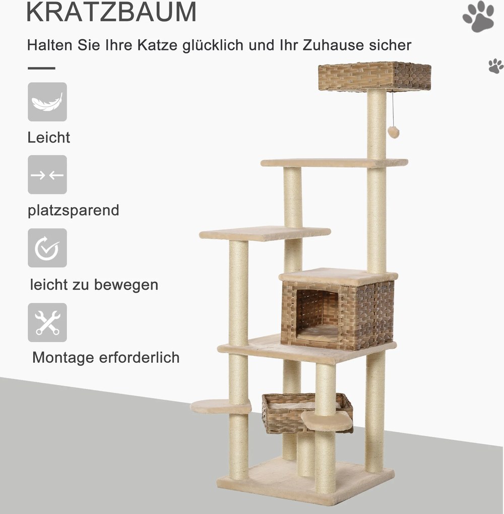 PawHut Drapak do ostrzenia pazurów z jaskinią dla kota Wielopoziomowy rattanowy drapak dla kotów beżowy + brązowy