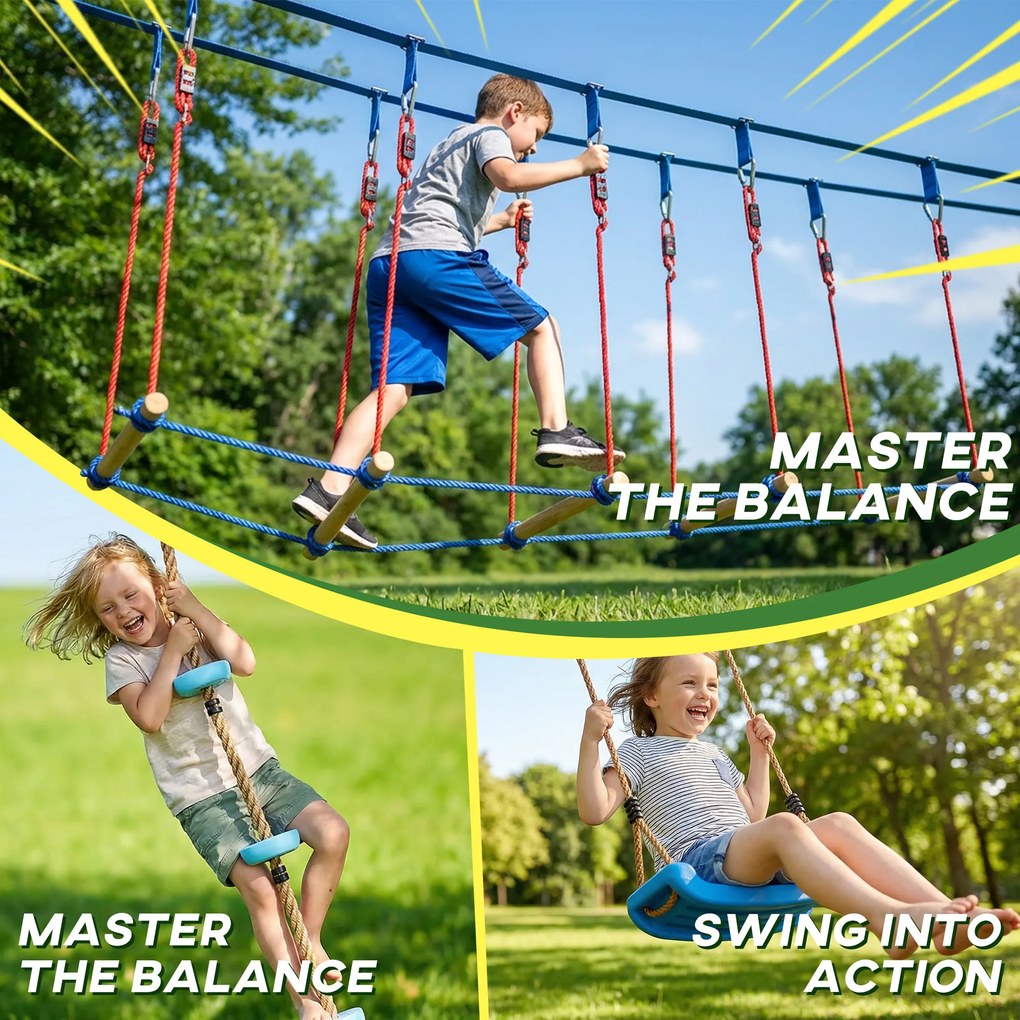 AIYAPLAY Ninja Line dla dzieci, zestaw 24 m Slackline z pierścieniami gimnastycznymi, 7 przeszkodami, mostem do balansowania, dla dzieci w wieku 3-6 lat, czerwony+niebieski | Aosom PL