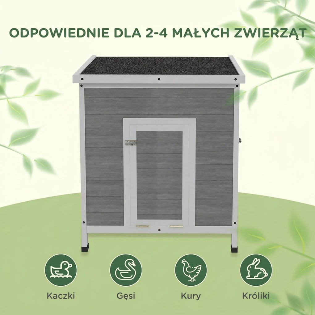 PawHut Kurnik dla kaczek z drzwiami bocznymi, otworami wentylacyjnymi, kurnik z drewna jodłowego dla drobiu, kurnik dla gęsi i kur z wodoodpornym dachem asfaltowym, 63 x 82 x 76 cm, jasnoszary