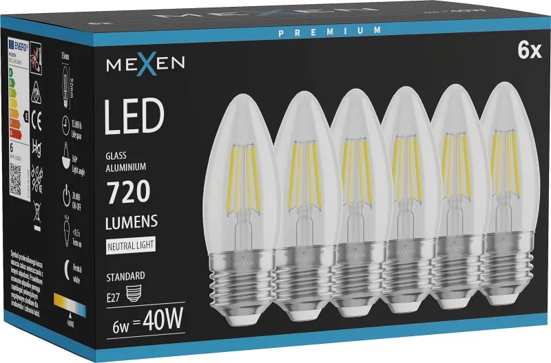 Mexen Vintis 6x żarówka filament LED E27, C35, 6W, Neutralna - 4000K, 720 lm, clear - L154-E27-0640-00x06