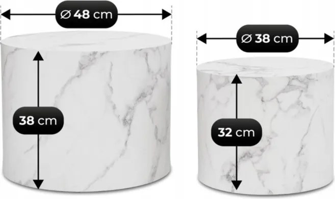 Zestaw Stolików Kawowych LEILA 38 cm/48 cm Biały Marmur Nowoczesny Glamour