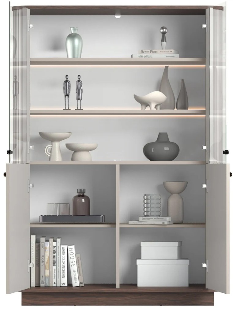 Witryna Vesper 103 cm czterodrzwiowa na cokole - kaszmir / orzech / czarne uchwyty