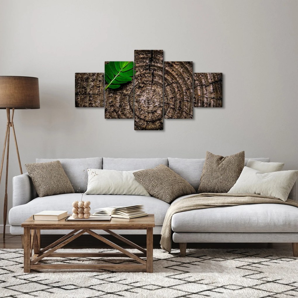 Obraz liścia na pniu drzewa (125x70 cm)