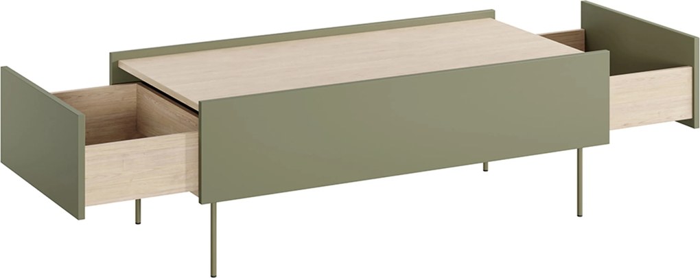 Stolik kawowy Desin 120 cm z szufladami - oliwka / dąb nagano