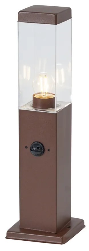 Lampa zewnętrzna rdzawobrązowa z przezroczystym szkłem 45 cm IP44 z gniazdem i czujnikiem ruchu - Malios