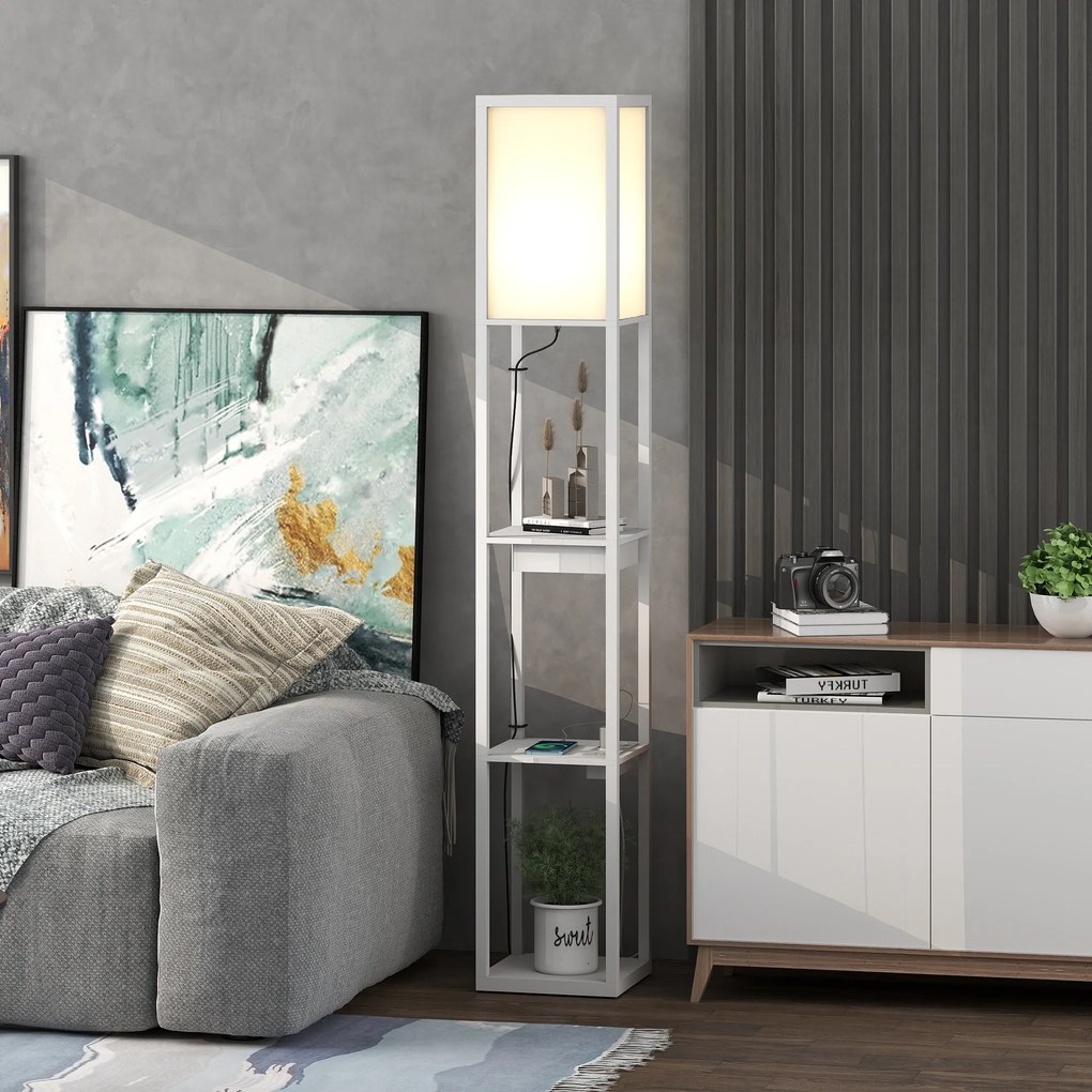 HOMCOM Lampa stojąca z 3-poziomowym regałem, przełącznik nożny, porty USB, MDF, Biała | Aosom PL