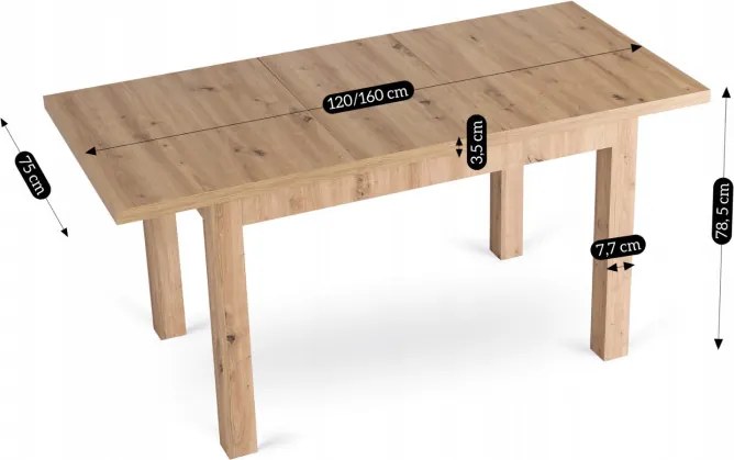 Stół Prostokątny Rozkładany SKUBI 120-160 cm Dąb Artisan Nowoczesny Loft