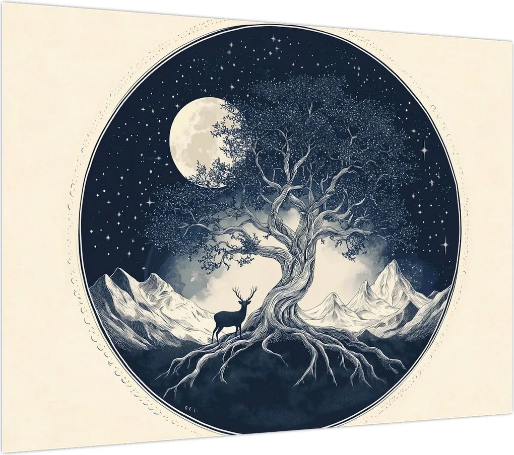 Obraz na szkle – Magiczne drzewo z jeleniem I. (70x50 cm)