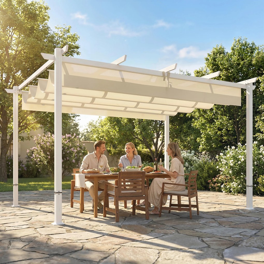 Outsunny Pergola 3 x 4 m z przesuwanym dachem, magnetycznymi zamknięciami, UV30+, kolor beżowy | Aosom PL