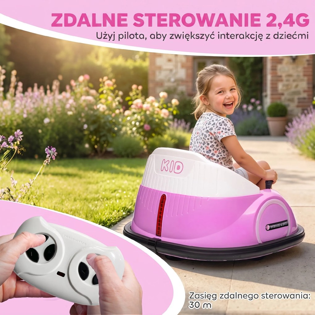 AIYAPLAY Autoscooter, obrót 360°, prędkość 2 km/h, pas bezpieczeństwa, światła LED, muzyka i klakson, Różowy | Aosom PL
