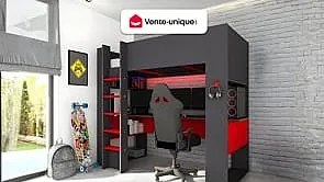 Łóżko z antresolą gamer NOAH, z biurkiem i ze skrzynią – 90 × 200 cm – z oświetleniem LED – kolor antracytowy i czerwony