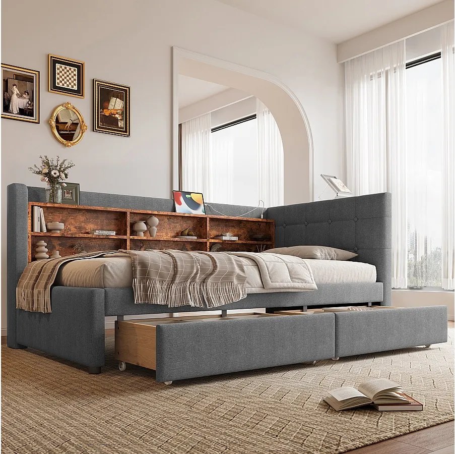 Sofa dziecięca rozkładana - 90 x 200 cm - z 2 szufladami + USB + schowkiem - len - szara