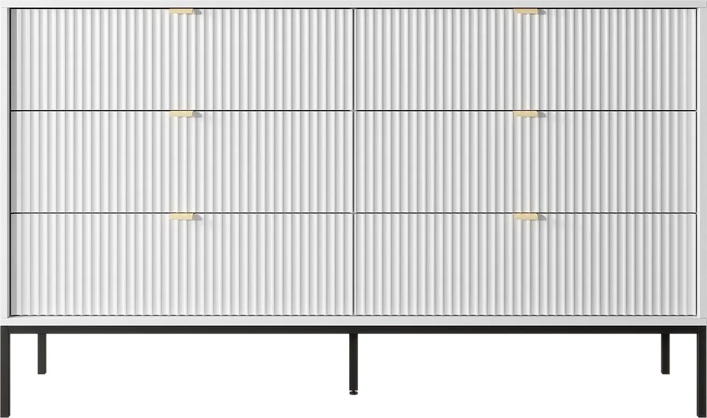 Komoda: 6 szuflad, biała, czarne nogi, 154 x 39 x 83 cm, złote uchwyty