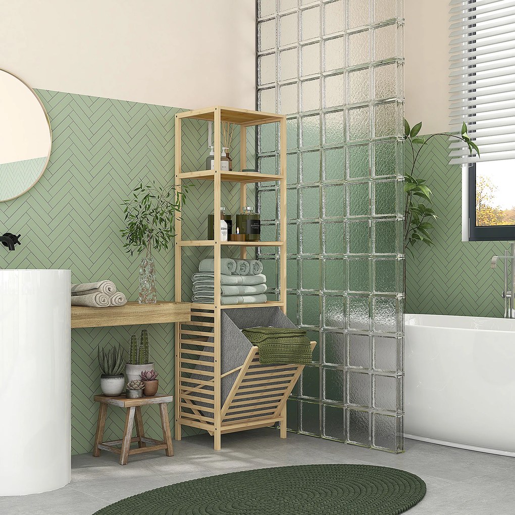 HOMCOM Regał łazienkowy z koszem na pranie, 3 półki, rama z bambusa, 44x33x160 cm, Naturalny