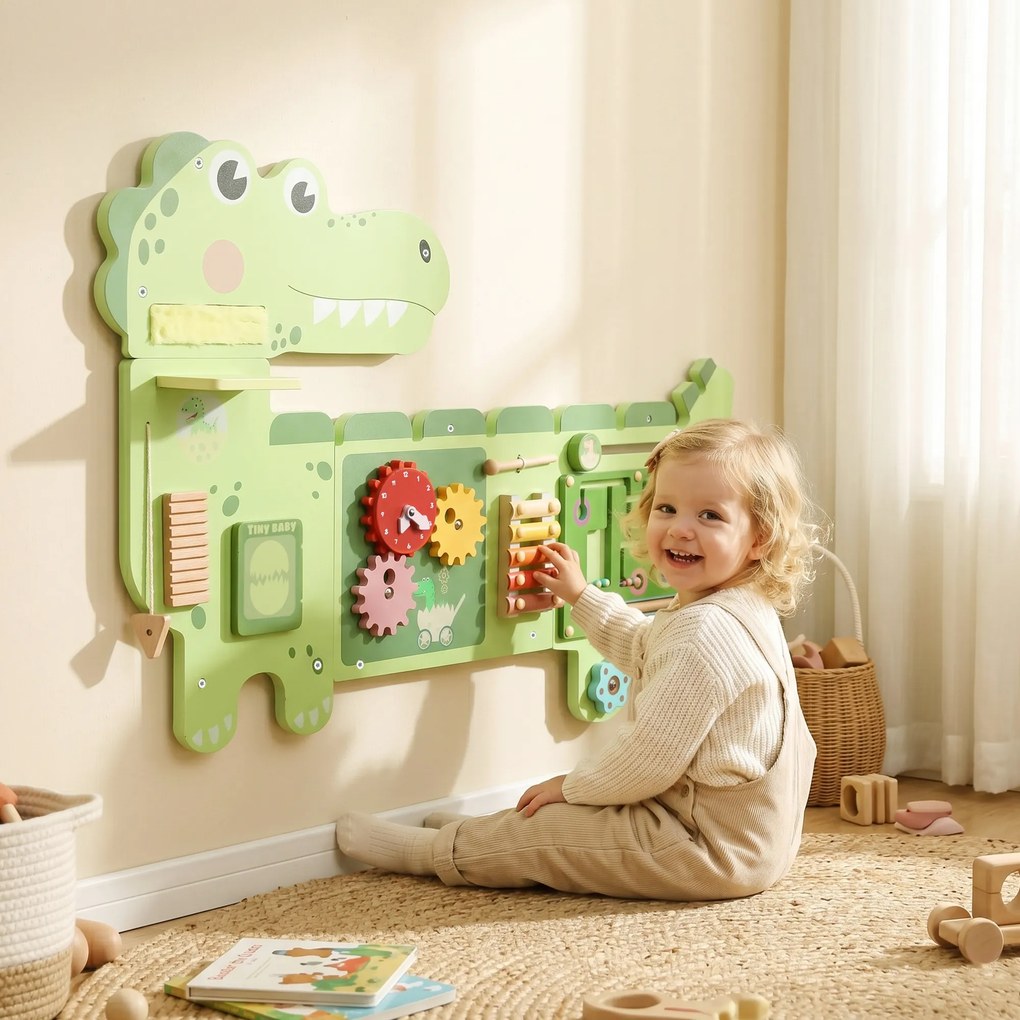 AIYAPLAY Montessori tablica motoryczna drewniana Busy Board Dinozaur ścienna z ksylofonem, zegarem, zębatkami i listwami dźwiękowymi | Aosom PL